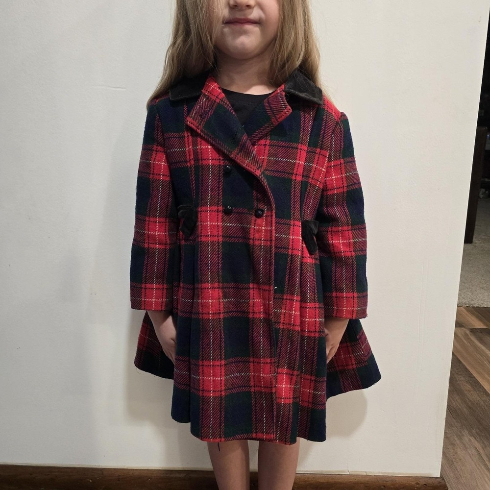 Rothschild Of Philadelphia Vintage Girls Coat Red Black Wool Plaid Velvet Trim 4